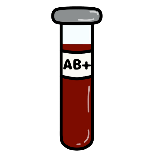 Cartoon style drawing of a glass vial filled with red liquid, there is a white label on the vial with, 'AB+' on it